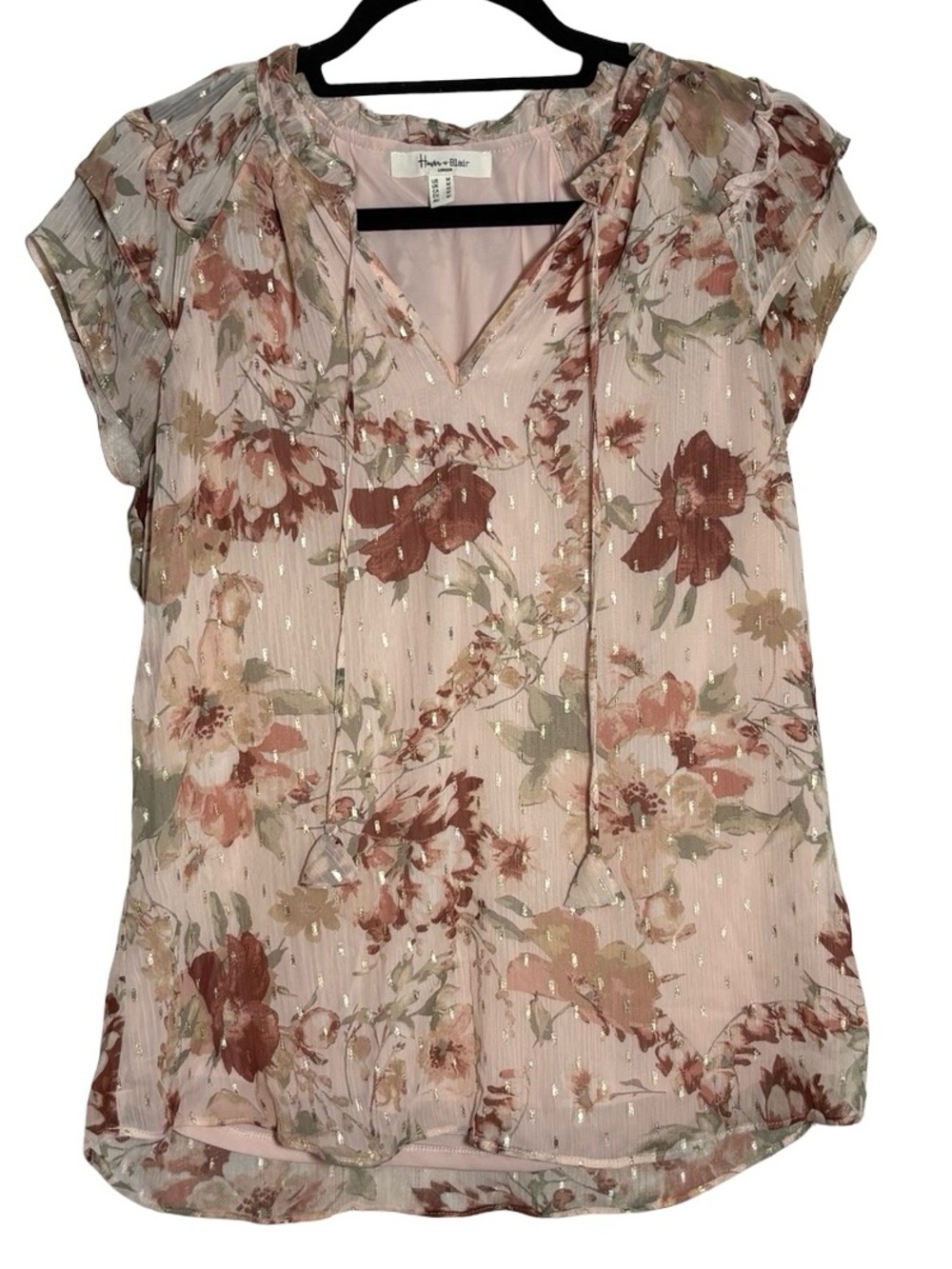 Romantic Dusty Pink Floral Tie-Neck Blouse